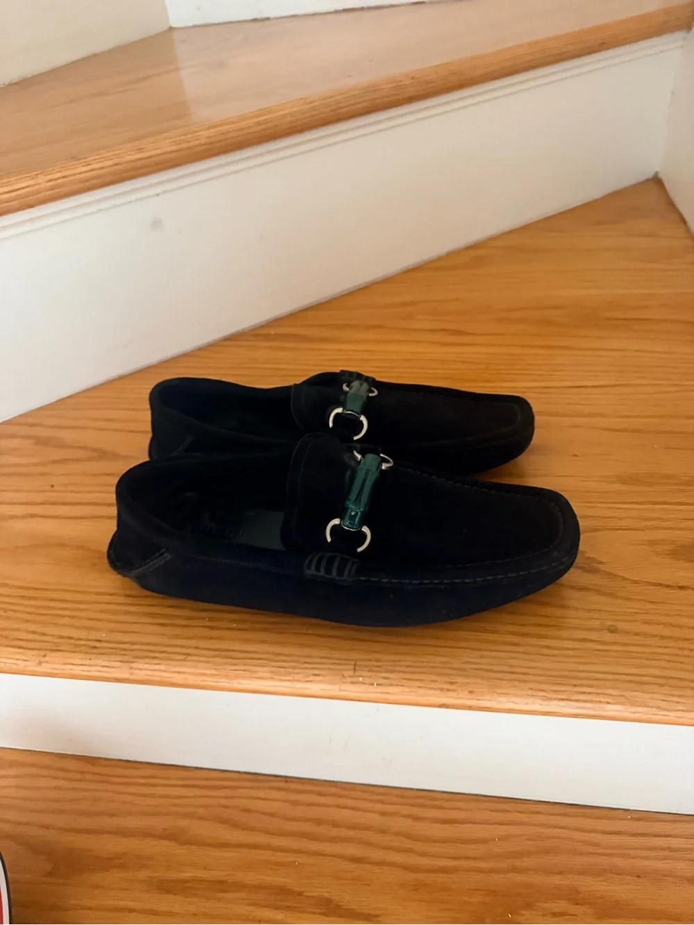Gucci Black Suede Loafers with Green Enamel Bit